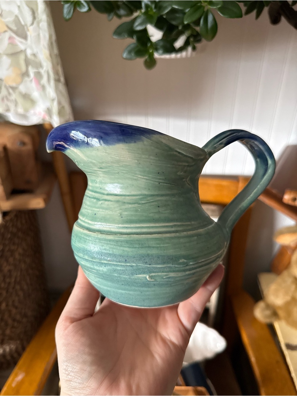 Handcrafted Green and Blue Ceramic Pitcher - Home Art
